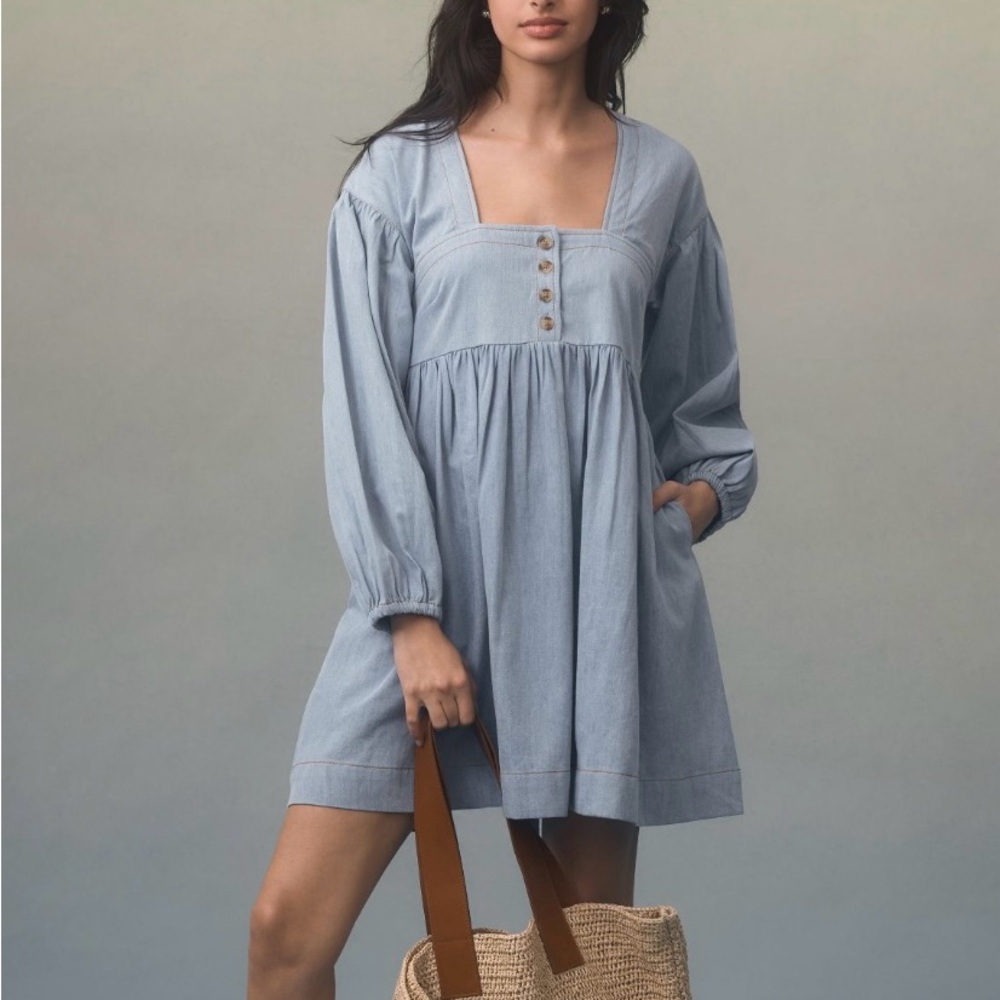 Anthropologie Long-Sleeve Square-Neck Denim Babydoll Mini Dress Small
